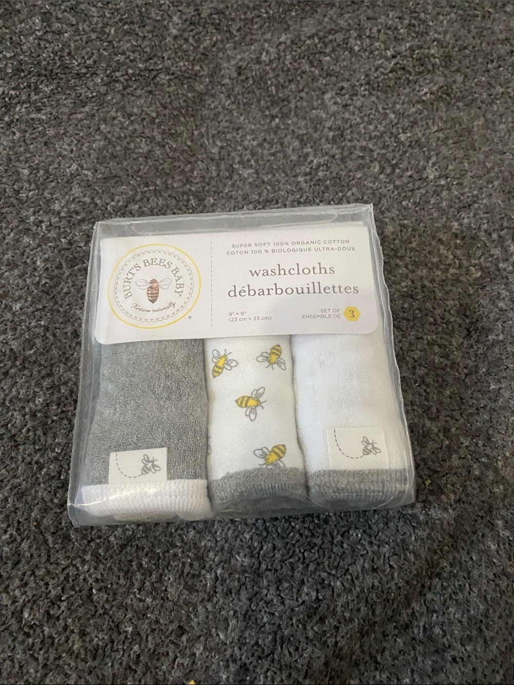 Burt's Bees Baby Grey, White & Yellow Bee Print Washcloths - 3 Pack